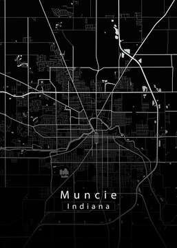 Minimalist black map of Muncie, Indiana &ndash; A modern map print highlighting infrastructure of the city, useful for tourism purposes
