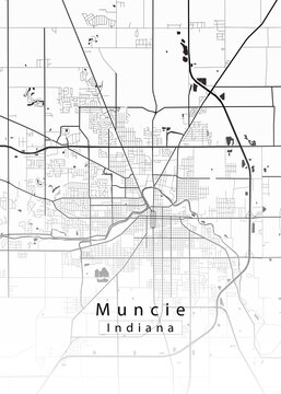 Minimalist white map of Muncie, Indiana &ndash; A modern map print highlighting infrastructure of the city, useful for tourism purposes
