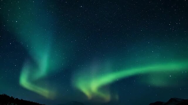 Gelombang cahaya seperti aurora hijau dan biru bergerak lembut di langit gelap. Efek glow natural, atmosfer magis, seamless loop. Full HD, tanpa sound.