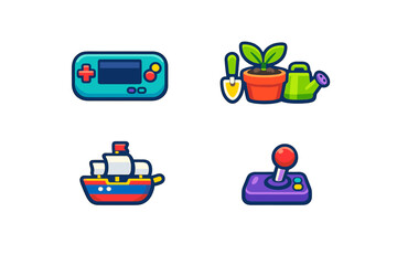 A collection of four colorful cartoon icons featuring a handheld game console, a gardening set with a potted plant, a sailing ship, and a classic arcade joystick on a black background. © Alan