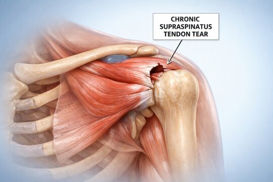Anatomical illustration of a chronic supraspinatus tendon tear in the human shoulder joint.
