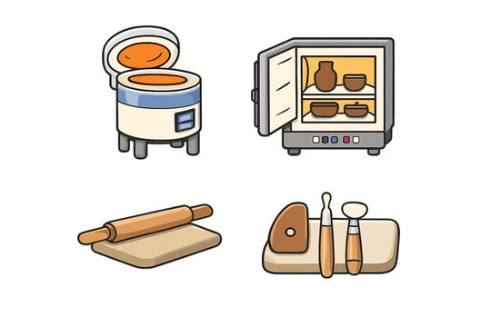 Four cartoon illustrations depicting ceramic making tools such as a top-loading kiln, a front-loading kiln with pottery inside, a rolling pin, and sculpting tools on a board.