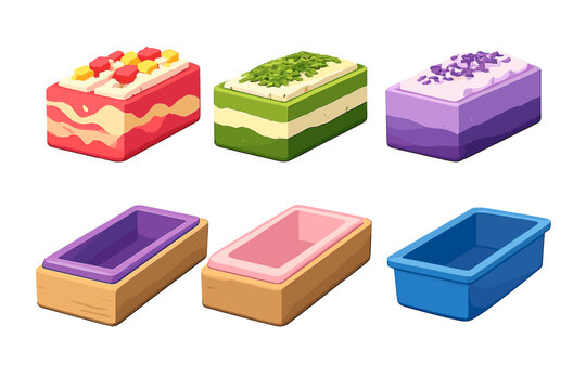 A digital illustration featuring three colorful layered cakes with fruit and nut toppings on the top row, and three rectangular containers or molds on the bottom row against a black background.