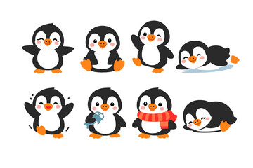 Fototapeta premium Eight adorable cartoon penguins are shown in different poses such as waving, sliding on ice, and holding a fish. This vector illustration features cute characters on a black background.
