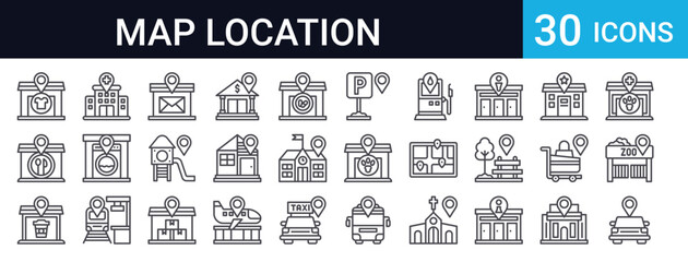 30 thin line location icons including car service, zoo, veterinary, airport, gas station, parking, police, shopping mall, school, bank and more urban places.