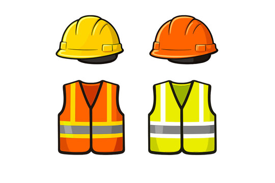 Illustration of two sets of construction safety equipment featuring a yellow hard hat with an orange vest and an orange hard hat with a yellow vest on a black background.