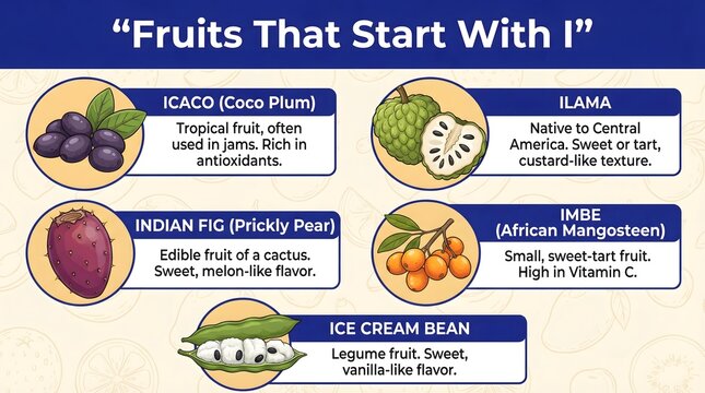 Fruits that start with I educational infographic. Features Icaco (Coco Plum), Ilama, Indian Fig (Prickly Pear), Imbe (African Mangosteen), and Ice Cream Bean with descriptions. Created in a flat