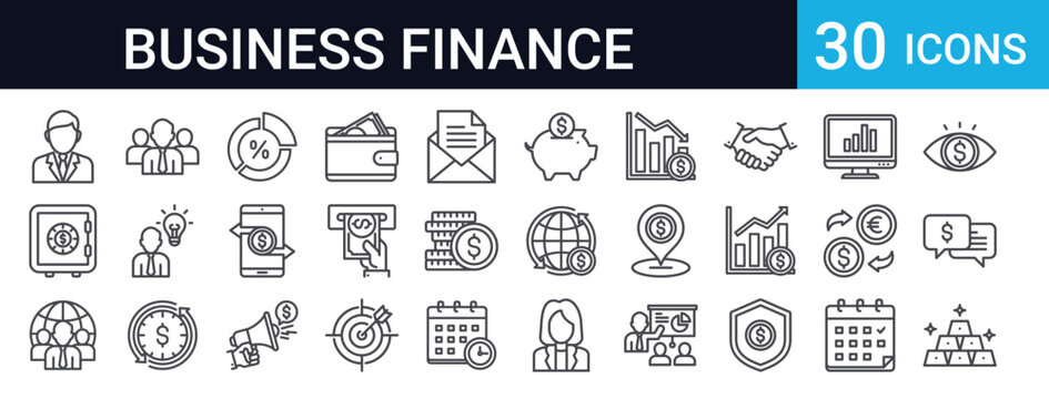 Business Finance Icons Set of 30 Thin Line Vector
