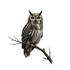 Fototapeta premium Long eared owl sitting on branch isolated black