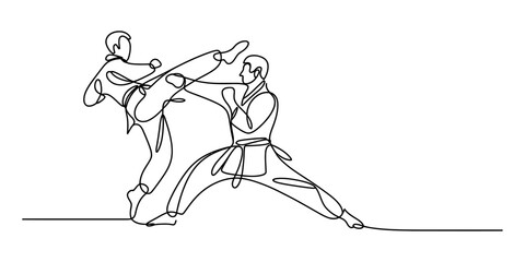 Continuous line drawing of two martial artists practicing karate with a high kick and defensive stance © Bobita