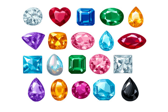 A collection of twenty faceted gemstones in various shapes and vibrant colors including red, blue, green, and yellow, arranged in a grid pattern against a solid black background.