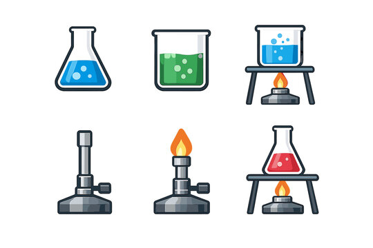 This set of laboratory equipment icons includes beakers and flasks with blue, green, and red liquids, plus gas burners and heating apparatus on a dark background.
