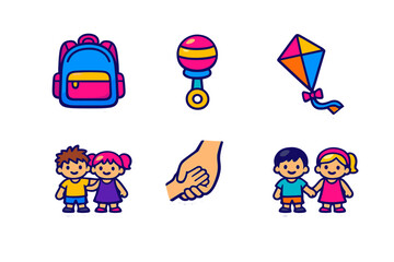 A collection of six colorful cartoon stickers featuring a backpack, a baby rattle, a kite, children standing together, and hands holding, all set against a solid black background.