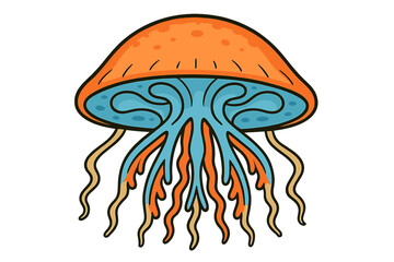 This vector graphic depicts a colorful jellyfish with a bright orange bell and blue interior. It features various wavy tentacles and is set against a plain black backdrop. © icon_art