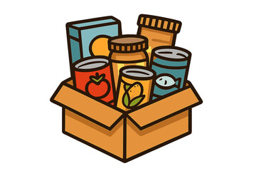 A cartoon illustration of a cardboard box filled with various non-perishable food items like canned goods, a jar, and boxes, representing a food donation or grocery delivery. © icon_art