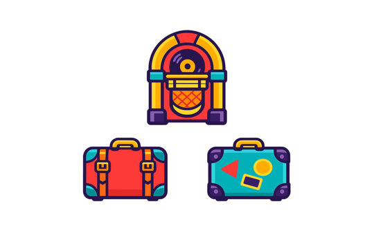 A colorful flat vector illustration featuring a retro jukebox at the top and two vintage suitcases below, one red and one teal, set against a solid black background.