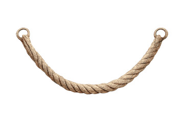 A thick twisted natural fiber rope hangs in a curved U-shape against a solid black background. The ends of the rope are securely attached to two small metal rings on either side. © icon_art