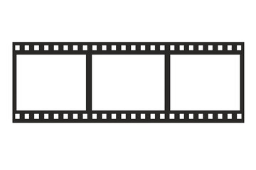 Fototapeta premium A black and white illustration of a classic film strip with three empty frames. The graphic features sprocket holes along the top and bottom edges against a dark background.