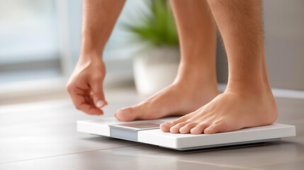 Close-up of bare feet stepping onto bathroom weighing scale, tiled floor home weight measurement, daily routine personal health monitoring, indoor lifestyle representation, with