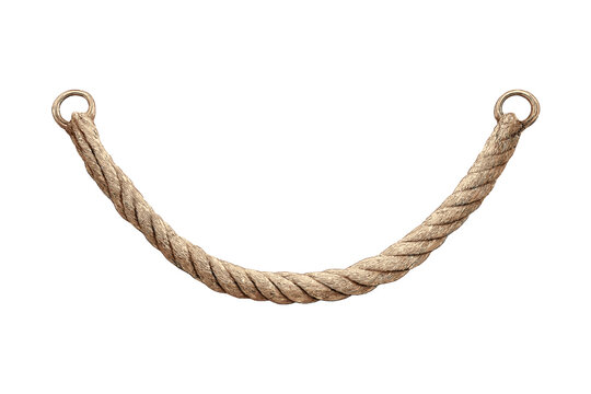 A thick twisted natural fiber rope hangs in a curved U-shape against a solid black background. The ends of the rope are securely attached to two small metal rings on either side.