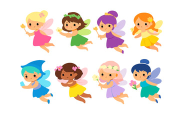 Naklejka premium A collection of eight cute cartoon fairies with colorful hair and wings flying in various poses. Each fairy wears a different colored dress and holds a magical wand or flower.