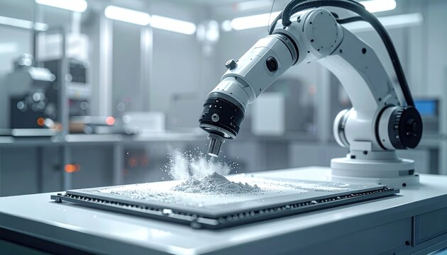Robotic arm precision manufacturing process in a modern laboratory setting.