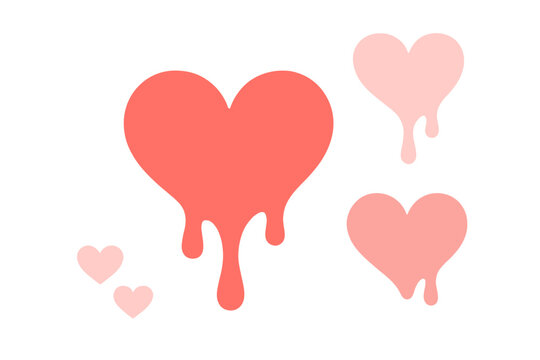 A collection of pink and coral melting heart illustrations with liquid drips on a solid black background. The set includes various sizes of hearts in a flat vector style.