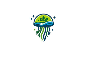 A stylized jellyfish illustration featuring a landscape with pine trees, leaves, and ocean waves inside its bell. The design uses green and blue tones on a black background. © Andrei