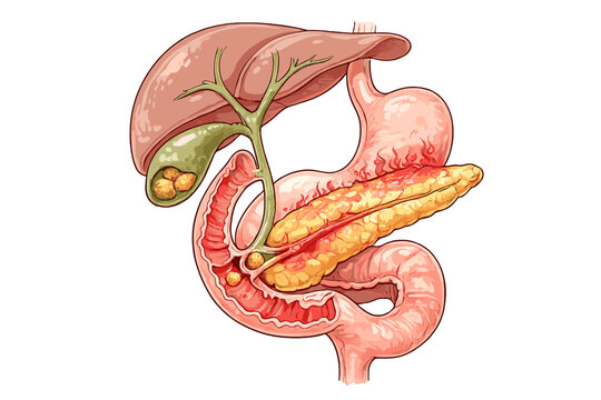 Medical illustration showing the human digestive system with gallstones in the gallbladder and bile duct, causing inflammation in the pancreas and duodenum on a black background.
