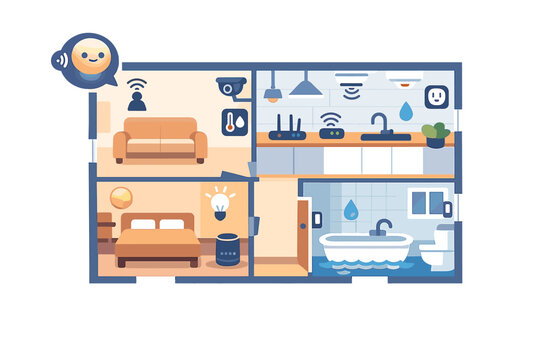 This stylized vector graphic depicts a smart home layout with integrated technology like motion sensors, security cameras, and automated lighting across multiple rooms.
