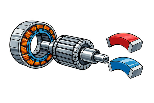 An illustration showing the internal components of an electric motor, including a stator with copper coils, a cylindrical rotor, and two curved magnets on a black background.