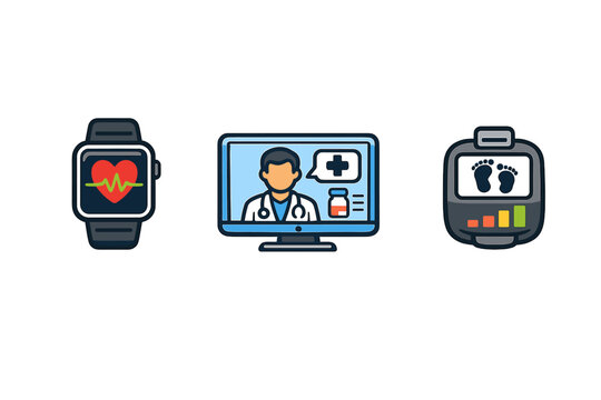 A collection of three medical technology icons featuring a heart rate smartwatch, a telemedicine doctor on a computer monitor, and a fitness tracker with a step counter.