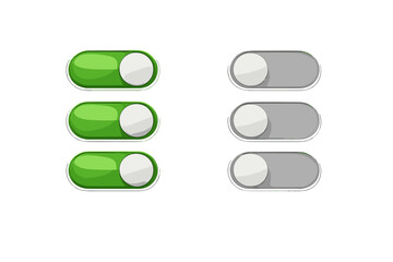 Obraz premium A set of six glossy toggle switches displayed on a black background. Three switches are green and turned on, while the other three are gray and turned off.
