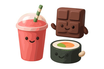 Three adorable three-dimensional food mascots including a pink smoothie with a straw, a chocolate bar, and a sushi roll, each featuring a simple smiling face on a solid black background. © Andrei
