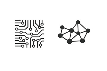 This black and white graphic displays a square electronic circuit board design next to a network of interconnected nodes, representing digital connectivity and information flow.