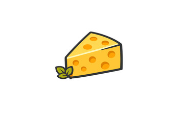 This vector style illustration features a yellow wedge of Swiss cheese with circular holes and a small green leaf garnish, isolated against a solid black background.