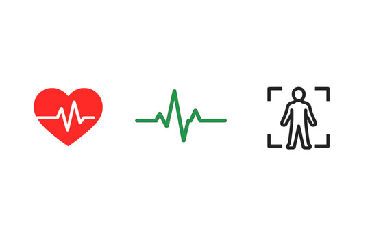 Three medical and health icons on a black background including a red heart with a heartbeat line, a green pulse wave, and a human figure silhouette inside a scanning frame.