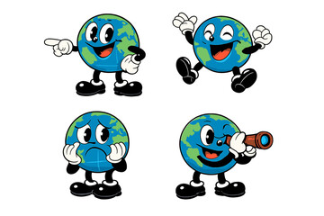 Fototapeta premium A set of four vintage cartoon Earth characters with expressive faces and white gloves are shown in different poses against a black background, including pointing, cheering, and crying.