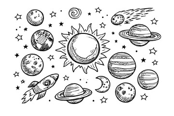 Hand-drawn celestial elements featuring the sun, planets with rings, a rocket ship, and stars on a black background. This monochrome sketch uses a whimsical doodle art style. © Andrei