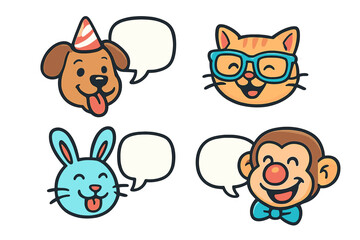Fototapeta premium A set of four cartoon animal stickers featuring a dog with a party hat, a cat with glasses, a blue rabbit, and a monkey with a bow tie, with white speech bubbles for dialogue.
