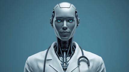 portrait of a cyborg robot doctor on blue background