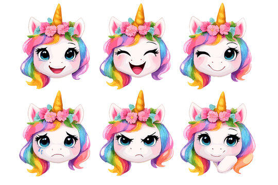 Six adorable unicorn character heads showing different emotions like joy, anger, and sadness. Each has a rainbow mane, a golden horn, and a floral crown on a black background.