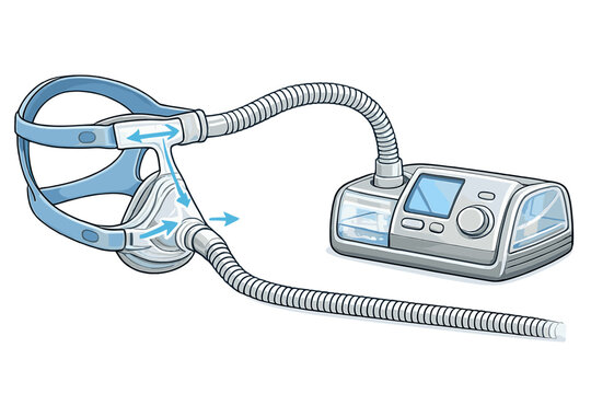 An illustration of a CPAP machine for sleep apnea treatment, featuring a medical mask with headgear, flexible tubing, and a digital control unit with a water humidifier chamber.