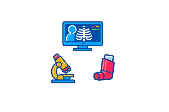 A collection of medical icons including a computer monitor displaying a chest X-ray, a yellow microscope for laboratory research, and a red asthma inhaler on a black background.