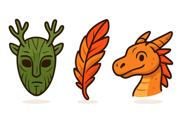 A collection of three fantasy-themed icons featuring a green wooden forest spirit mask with antlers, a vibrant orange feather, and a friendly orange dragon head on a black background.