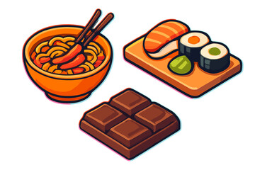 A sticker pack illustration featuring a bowl of spicy noodles with chopsticks, a sushi set with nigiri and maki rolls on a wooden board, and a dark chocolate bar on a black background. © Andrei