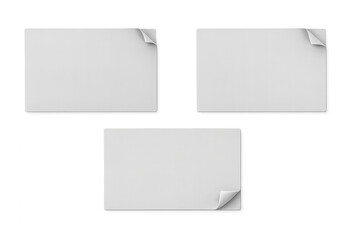 White blank paper sheets with curled corners and soft shadow, displaying peeling adhesive labels on transparent background