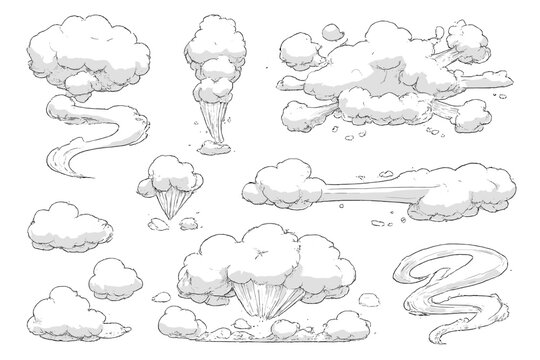 A collection of white hand-drawn smoke and cloud effects on a black background. The set includes various shapes like mushroom clouds, wispy trails, and puffy cumulus formations in a sketch style.