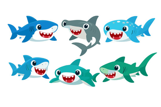 A collection of six cute cartoon sharks in various colors including blue, teal, and grey, featuring friendly expressions with big eyes and sharp teeth against a black background.