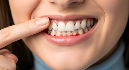 Obraz premium Close-up of a Young Woman's Smile Showing Bleeding Gums and Inflammation, Pointing at Gingivitis Symptoms, Dental Health Issues, Periodontal Disease, Oral Hygiene Care, and Medical Dental Concept